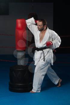 Young Man Practicing His Karate Moves - White Kimono - Black Belt