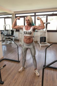 Middle Aged Woman Doing Heavy Weight Exercise For BicepsIn Fitness Centar
