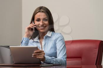 Portrait Of A Busy Sales Woman Sitting In Office And Using Her Computer While Talking On Mobile - Businesswoman Working Online