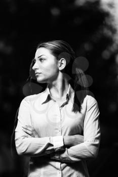 Portrait Of Handsome Beautiful Young Businesswoman Standing Arms Crossed - Successful Business Woman At Work