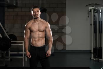 Handsome Man Standing Strong In The Gym And Flexing Muscles - Muscular Athletic Bodybuilder Fitness Model Posing After Exercises