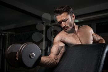 Handsome Man Working Out Biceps In A Dark Gym - Dumbbell Concentration Curls