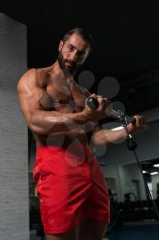 Latin Muscular Fitness Bodybuilder Doing Heavy Weight Exercise For Biceps On Machine With Cable In The Gym