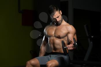 Healthy Man Working Out Biceps In A Dark Gym - Dumbbell Concentration Curls