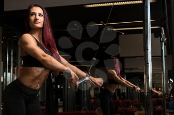 Woman Working Out Back In A Gym On Machine With Cable