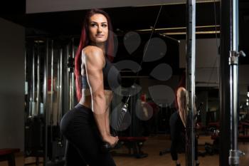 Woman Working Out Triceps In A Gym On Machine With Cable