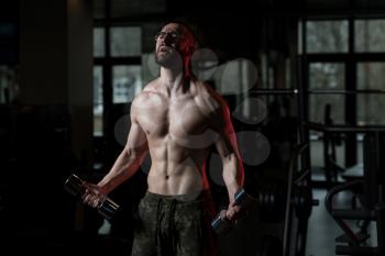 Handsome Man Wearing Glasses Working Out Biceps In A Dark Gym - Dumbbell Concentration Curls