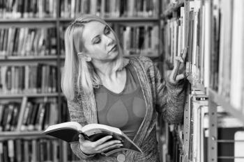 In the Library - Pretty Female Student With Books Working in a High School - University Library - Shallow Depth of Field