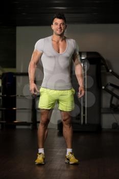 Handsome Young Man Standing Strong in Grey T-shirt and Flexing Muscles - Muscular Athletic Bodybuilder Fitness Model Posing After Exercises