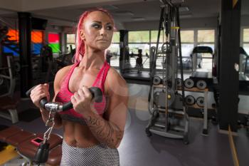 Woman Working Out Biceps In A Gym On Machine With Cable
