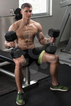 Man Preparing To Exercising Shoulders With Dumbbells In The Gym And Flexing Muscles - Muscular Athletic Bodybuilder Fitness Model Doing Dumbbell Concentration Curls