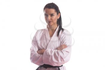 Young Muslim Woman In Traditional Kimono Practicing Her Karate Moves - Isolated On White Background