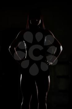 Fitness Woman Posing Silhouette In Different Poses Demonstrating Their Muscles - Female Showing Muscles - Beautiful Muscular Body Athlete