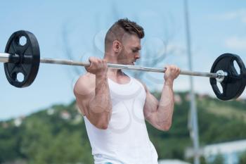 Athlete Working Out Biceps In Nature With Barbell