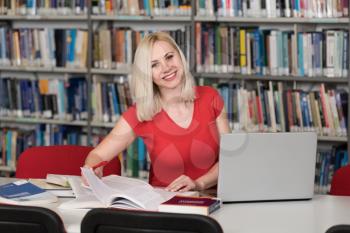 Pretty Woman With Blonde Hair Sitting at a Desk in the Library - Laptop and Organiser on the Table - Looking at the Screen a Concept of Studying - Blurred Books at the Back