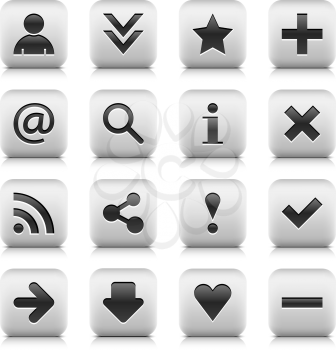 16 icon web button with basic sign. Series in a stone style. Rounded square button with black shadow and gray reflection on white background