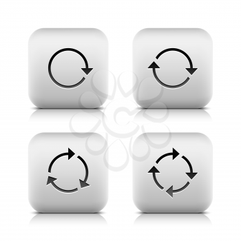 4 icon set with arrow sign (volume 01). Series in a stone style. Rounded square button with black shadow and gray reflection on white background