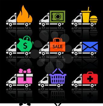 Delivery truck colored icons on a black background