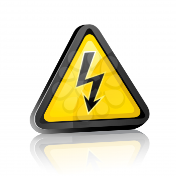 Three-dimensional Hazard warning sign with high voltage symbol on a white background with reflection