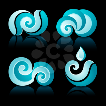 Wave and water icons with reflection on black background. 10EPS