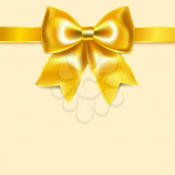 Yellow bow of silk ribbon, isolated on yellowish background. Vector illustration eps10. Perfect as invitation or congratulation.