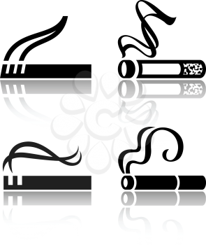The set of black symbols cigarettes. Silhouettes of vectorial illustrations isolated on white background, with reflection.