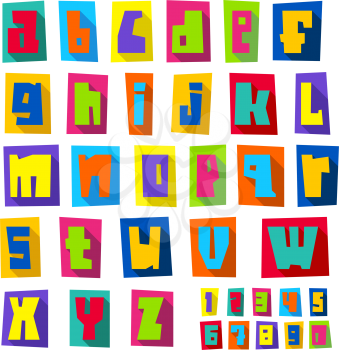 New font, cut colorful letters on a colored paper sheets with shadow, lower case