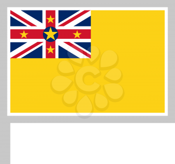 Niue flag on flagpole, rectangular shape icon on white background, vector illustration.