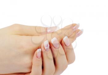 female hands with french manicure isolated over white