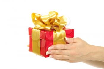 gift box with ribbon in hands