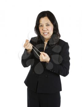 Mature Asian Woman Pulling Rubber Band in Anger on white background