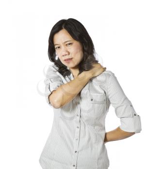 Asian lady touching her shoulder and back on white background
