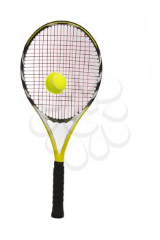 New tennis ball and racket on white background