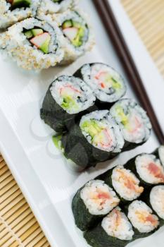 Closeup vertical top view photo of freshly handmade California sushi rolls in white plate and chop sticks in background with bamboo mat underneath 