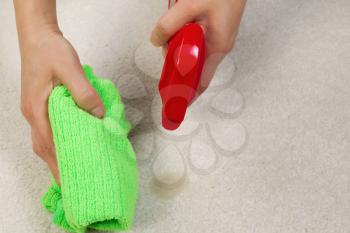 Horizontal photo of female hands cleaning stain in carpet with spray bottle and microfiber cloth
