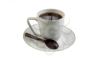 Closeup photo of black coffee, in small cup, dark chocolate spoon with saucer underneath isolated on white 