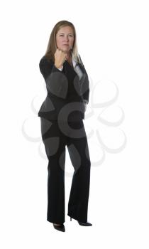 Business woman, looking forward, making fist while isolated on white background 
