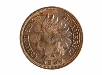United States of America Indian Head one cent coin isolated on white background. Coin is grade mint state condition as uncirculated. 