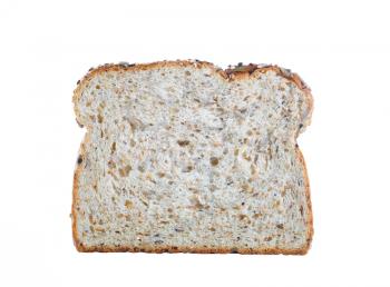 Close up of a single slice of whole wheat bread isolated on white background.