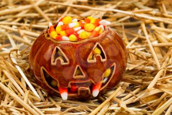 Front view of scary pumpkin with fangs filled with candy corn on straw. Halloween concept.