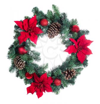 Poinsettia flower Christmas wreath isolated on white background. 