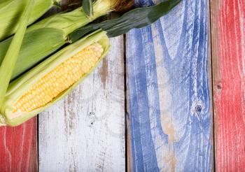 Freshly harvested corn on rustic wooden boards painted red, white and blue for USA national colors. 