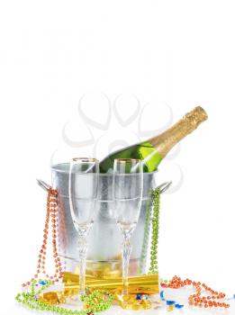 New Year Celebration for two with empty Champagne Glasses on white background