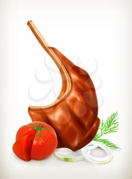 Grilled meat rib with vegetables, vector icon