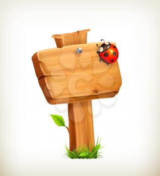 Ladybug on wooden sign, vector
