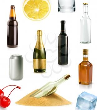 Alcohol drink in bottle, vector icons set