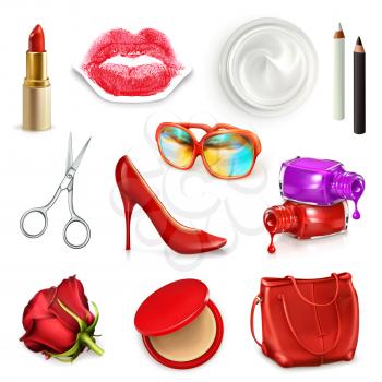 Red ladies handbag with cosmetics, accessories, sunglasses and high-heel shoes, vector illustration set isolated on the white background