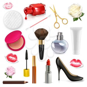 Womens cosmetics and accessories, rose bud, high-heel shoes, vector illustration set isolated on the white background