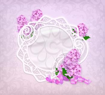 Lace frame, lilac romantic vector background