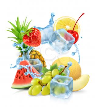 Multifruit with ice cubes and water splash, vector